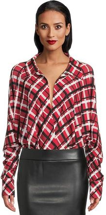 Norma Kamali Super Oversized Boyfriend Neck Shirt Bodysuit Womens T Shirt Red Bias Plaid : XL (Womens 10), Polyester/Spandex
