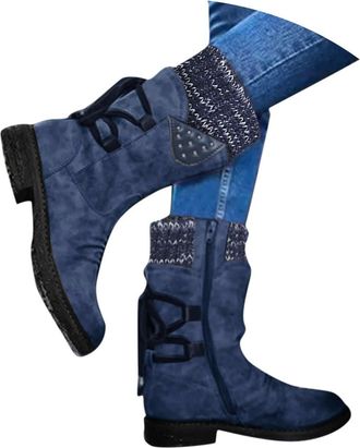 Generic Winter Boots For Women uk Mid Calf Riding Slouchy Vintage Knit Leather Splicing Round Toe Chunky Block Heels Warm Lace Up Dressy Combat Winter Snow Fa