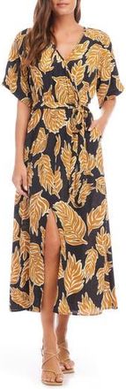 Karen Kane Leaf Print Faux Wrap Midi Dress in Black Yellow Print at Nordstrom Rack, Size Small