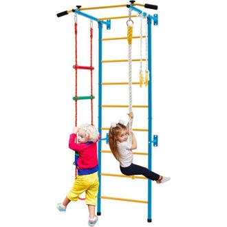 Costway Costway - Juego De Barra Para Ni&ntilde;os, Barra De Pared De Acero Para Interiores, Barra De Tracci&oacute;n, Escalera De Cuerda, Cuerda Y Anillos De Gimnasia Para