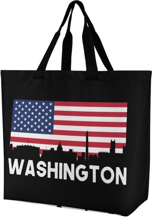 Generic Washington U.S. Flag Reusable Shopping Bags One Shoulder Grocery Tote Bag Waterproof Big Purse for Work Travel