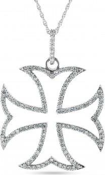 Allurez Natural Diamond Maltese Cross Pendant 14K White Gold (0.62ct)
