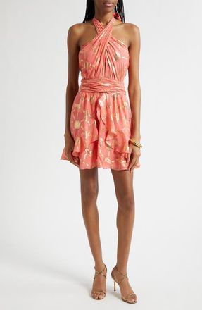 Ramy Brook Reuben Metallic Daisy Print Mini Halter Dress in Coral Jacquard at Nordstrom, Size 12