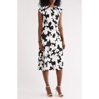 Nordstrom Rack Floral Pleat Neck Cap Sleeve Midi Sheath Dress in Black- Blue Chloe Abstract at Nordstrom Rack, Size Xx-Small