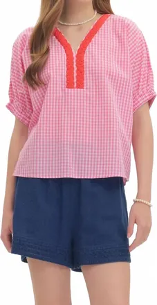 Entro Gingham Puff Sleeve Top In Red