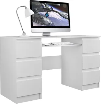 Hucoco Bari - Escritorio Para Ordenador - Trabajo, Juegos, Despacho, 6 Cajones + Soportes Para Teclado Deslizante - Mobiliario Moderno De Despacho