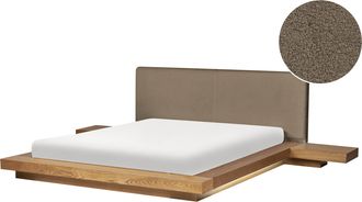 Beliani Cama Led Moderna Con Plataforma Mesitas De Noche Cabecero De Boucl&eacute; Madera De Fresno Natural 160 X 200 Cm Zen