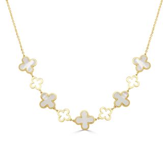 Italian Gold, Inc 14K Yellow Gold Alternating Clover & Open Clover Necklace 9 Stations - Mother Of Pearl