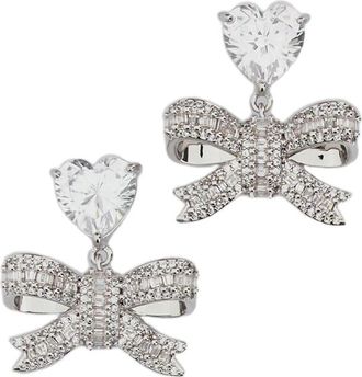 Self Portrait Silver Crystal Heart Bow Earrings