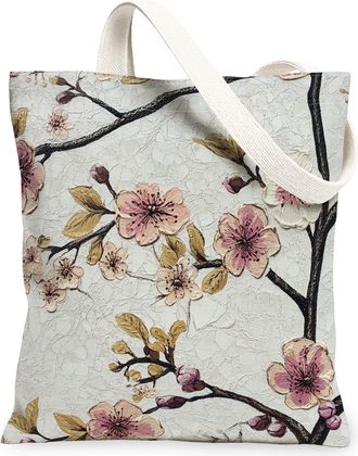 Generic Spring Plums Blossoms Flower Canvas Tote Bag for Shopping 13x15, Vintage Luxury Art Floral Reusable Grocery Print Pattern Bag for Women, Aesthetic Bea