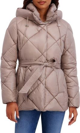 Kensie Belted Diamond Quilted Puffer Coat in Champagne at Nordstrom, Size X-Large