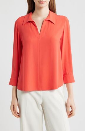 Eileen Fisher Split Neck Silk Georgette Top in Watermelon at Nordstrom, Size Xx-Small