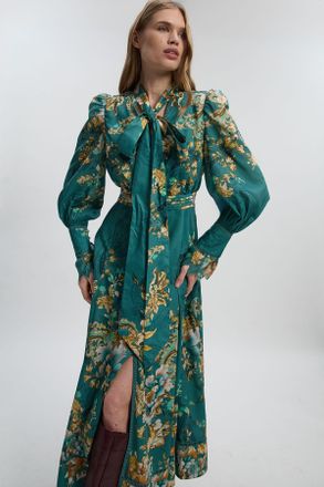 Karen Millen Womens Voile Floral Border Print Woven Maxi Dress With Ladder Lace Trim - Green - Size 16 UK