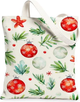 Generic Christmas Floral Canvas Tote Bags, Ornament Pattern Reusable Grocery Bags, Lightweight Washable Shoulder Strap Canvas for O, Red, 13x15 Inch