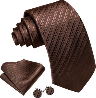 Barry.Wang Mens Brown Tie and Pocket Square Set Solid Colors Silk Necktie Handkerchief Cufflink Formal