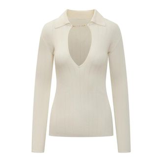 Elisabetta Franchi Geribbelde tricot top met open details - Dames - V-hals truien - Beige - M - Truien & Vesten