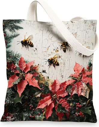 Generic Winter Christmas Bee Canvas Tote Bag for Shopping 13x15, Farmhouse Poinsettia Xmas Reusable Grocery Print Pattern Bag for Women Men, Holiday New Year 