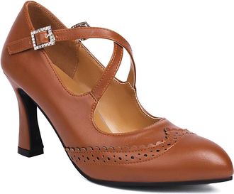 Generic Womens High Heeled Vintage Brogues Cross Strap Dress Pumps with Buckle Pointed Toe PU Leather Formal Shoes,Brown,3.5 UK