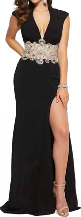 Mac Duggal Cap Sleeve Plunging V-Neck Prom Dress In Black