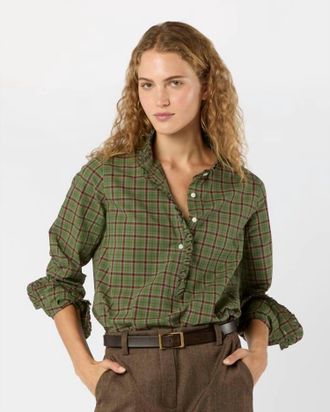 Ann Mashburn Frill Shirt In Green/red Plaid Poplin