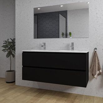 Adema Chaci Badkamermeubelset - 120x46x57cm - 2 ovale keramische wasbakken wit - 2 kraangaten - 2 lades - rechthoekige spiegel - mat zwart