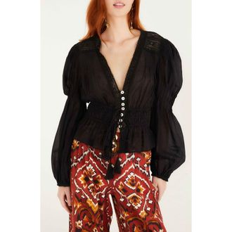 Farm Rio Lace Puff Sleeve Top in Black at Nordstrom Rack, Size X-Large