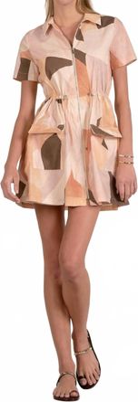 Elan Collar Short Sleeve Drawstring Waist Zip Front Dress In Neutral Prism