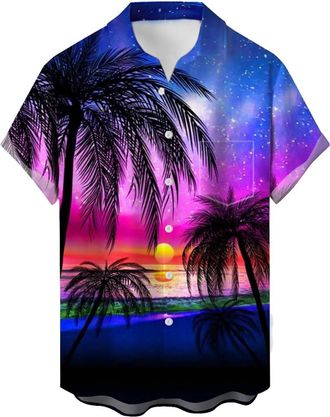 Generic Summer Hawaiian Shirts For Men Short Sleeve Loose Slim Fit Comfortable Beach Shirt Lightweight Breathable Tropical Holiday Beach Button Up T-Shirts Wi