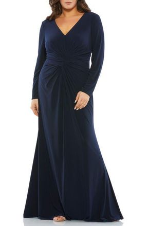 Mac Duggal Front Twist Long Sleeve V-Neck Gown in Midnight at Nordstrom, Size 20W