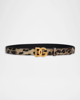 Dolce & Gabbana Leopard-Print Glossy Leather Belt with DG Logo