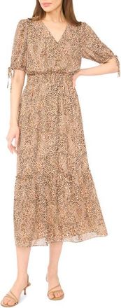 CeCe by Cynthia Steffe Leopard Print Smocked Waist Midi Dress in Dune at Nordstrom, Size X-Small