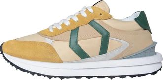 Mikakus Barcelona Schoenen, unisex, Veelkleurig, 36 EU, Suède, Beige Suède Sneakers met Groene Leren Accenten