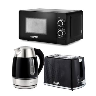 Geepas 1.7L Illuminating Electric Kettle 2 Slice Bread Toaster & Microwave Kitchen Combo Set in Black