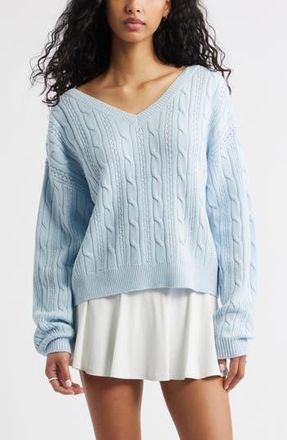 BP. Bow Back Cable Knit Sweater in Blue- Ivory Satin Bow at Nordstrom Rack, Size Small