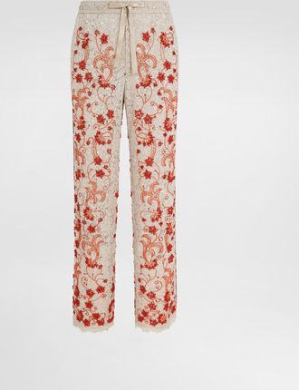 Dolce & Gabbana Lace Pants With Coral And Rhinestone Embroidery - Man Pants And Shorts Beige 48