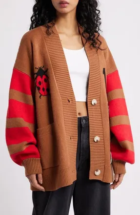 Dressed in Lala Ladybug Letterman Cardigan in Brown/red at Nordstrom, Size Small