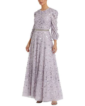 Mac Duggal Floral Beaded Mesh Puff Sleeve A Line Gown