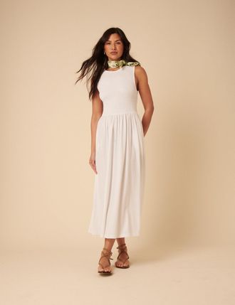Nobody's Child White Shirred Bodice Billie Midi Dress
