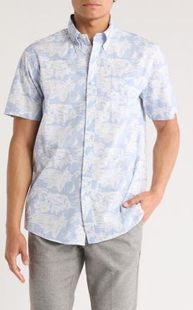 Brooks Brothers Regular Tropical Print Short Sleeve Cotton Button-Down Shirt in Light Blue Tropical at Nordstrom Rack, Size Small