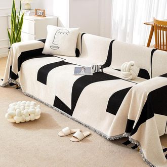 OEM Housse De Canap&eacute; DAngle, Housse Boh&egrave;me Pour Canap&eacute;, Protection Lavable En Chenille Avec Pompons, Adapt&eacute;e Aux Animaux Et Aux Enfants, Coloris Noir Et B