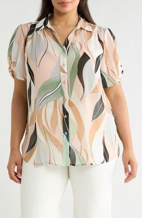 Adrianna Papell Scrunched Short Sleeve Button-Up Shirt in Seafoam Flowing Leaf at Nordstrom Rack, Size 1X