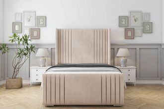 Sloomy Camden Naples Frame-Mattress-50 Upholstered Wingback Headboard in Light Sand | Size: Double