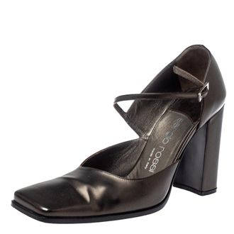 Sergio Rossi Dark Grey Leather Ankle Strap Square Toe Pumps