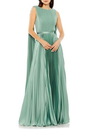 Mac Duggal Sleeveless High Neck Cape Back Heat Pleated Gown in Sage at Nordstrom, Size 16