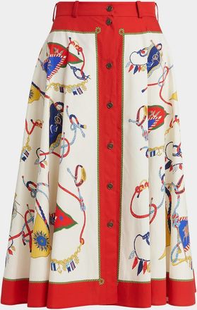 Etro Nautical-Print Cotton Poplin Button-Front Midi Skirt