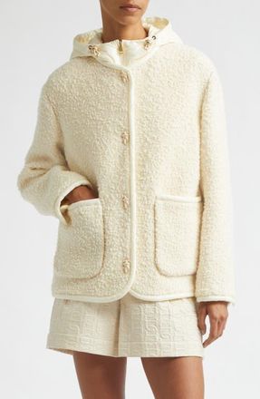 Moncler Hylesine Hooded Wool & Cotton Blend Boucl&eacute; Coat in White at Nordstrom, Size 4