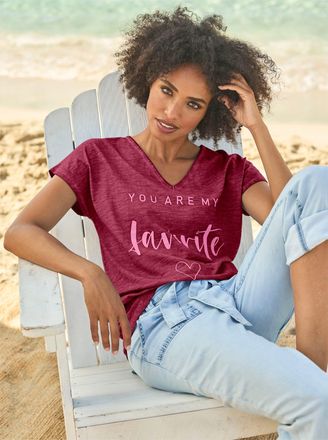 Heine Kurzarmshirt HEINE Shirt, Damen, Gr. 34, bordeaux, 100% Baumwolle, gemustert, V-Ausschnitt, Shirts Kurzarmshirt