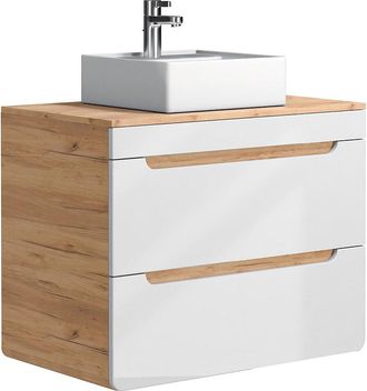 Vente-Unique Mueble de ba&ntilde;o flotante con lavabo sobre encimera - Color natural y blanco - 80 cm - ARUBA