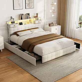 OEM Cama Doble - 160x200 - Terciopelo Beige - 6 Cajones De Almacenamiento - Cabecero Led Rgb Y Puertos Usb/type-c