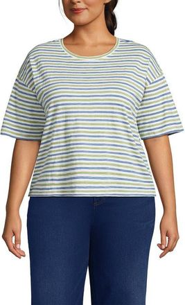 Lands End Short Sleeve Slub Jersey Cutwork T-Shirt in Bright Pistachio/teal Stripe at Nordstrom, Size 3X